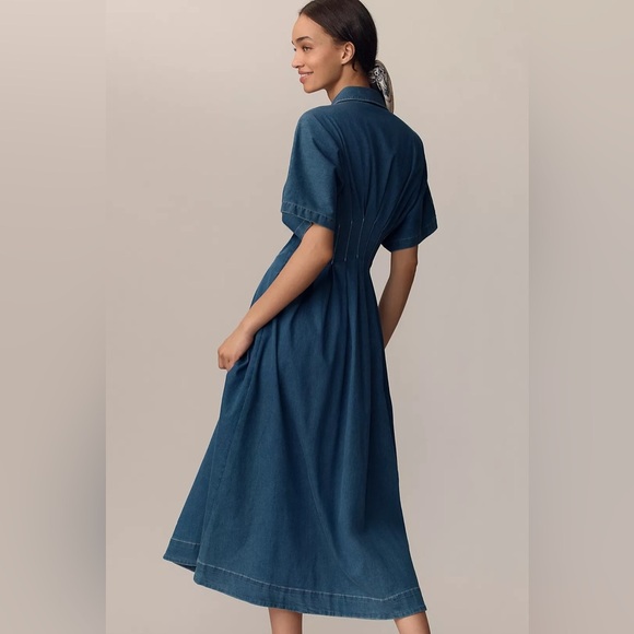 Anthropologie x Exquise The Tobie Button-Front Pleated Shirt Dress Denim LP NWT - Picture 3 of 15